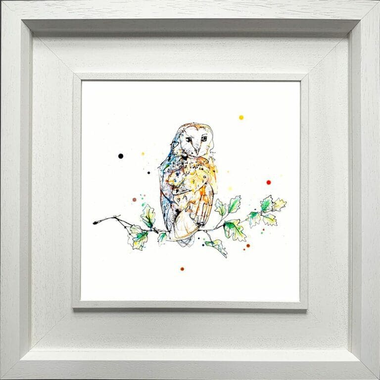 Curio Barn Owl Curiosity Birds of Prey Paper Giclee Fine Art Print shown in Deluxe White Frame