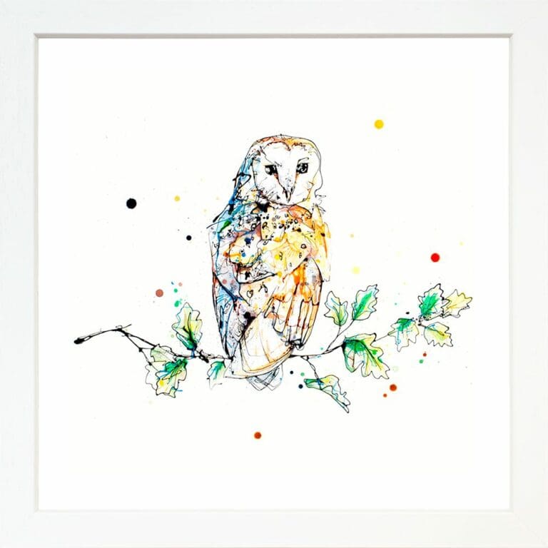 Curio Barn Owl Curiosity Birds of Prey Paper Giclee Fine Art Print shown in Standard White Frame