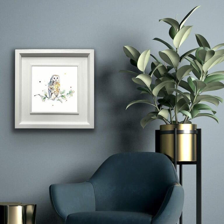 Curio Barn Owl Paper Giclee Fine Art Print shown in Deluxe White Frame in Situ