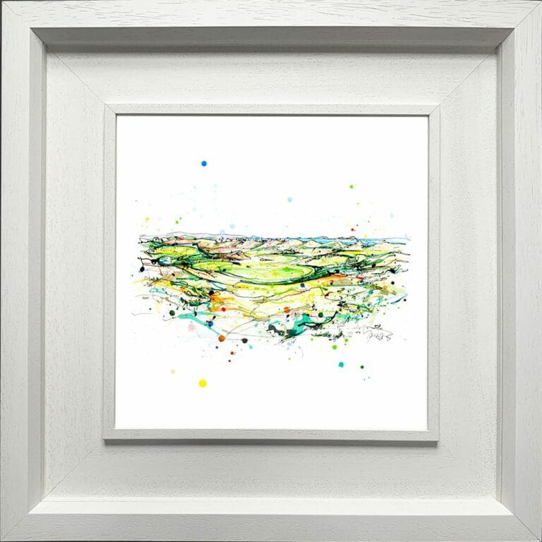 Calamity and the Skerries Royal Portrush Golf Club Landscape North Coast Paper Giclee Fine Art Print shown in Deluxe White Frame