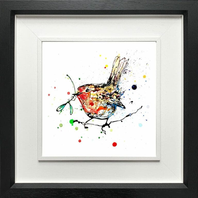 Mistletoe Robin Paper Fine Art Giclee Print shown in Deluxe Black Frame