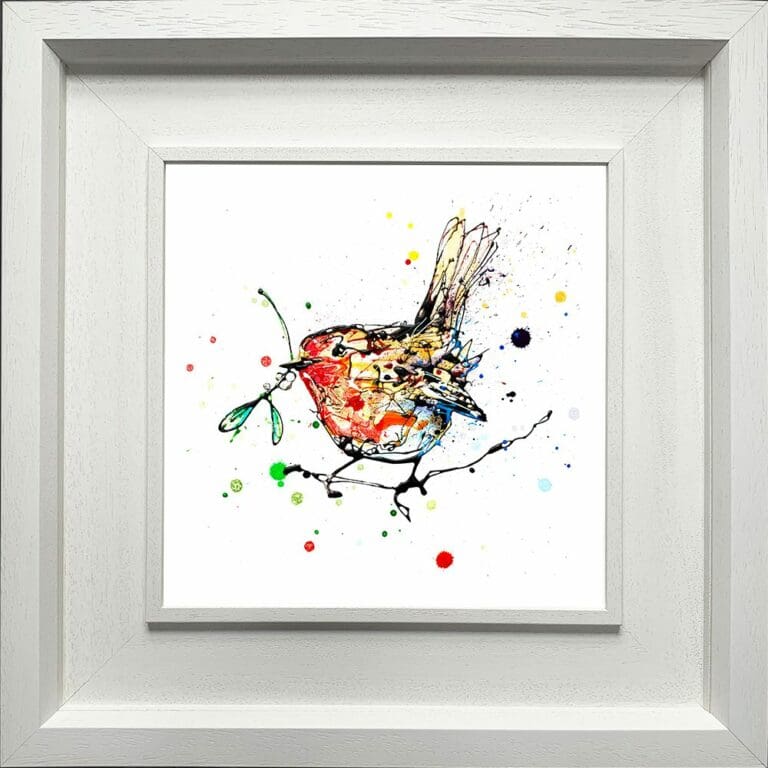 Mistletoe Robin Paper Fine Art Giclee Print shown in Deluxe White Frame