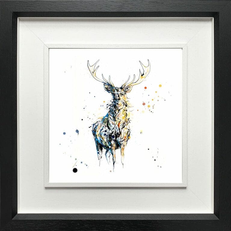 Nightfall Stag Paper Fine Art Giclee Print shown in Deluxe Black Frame