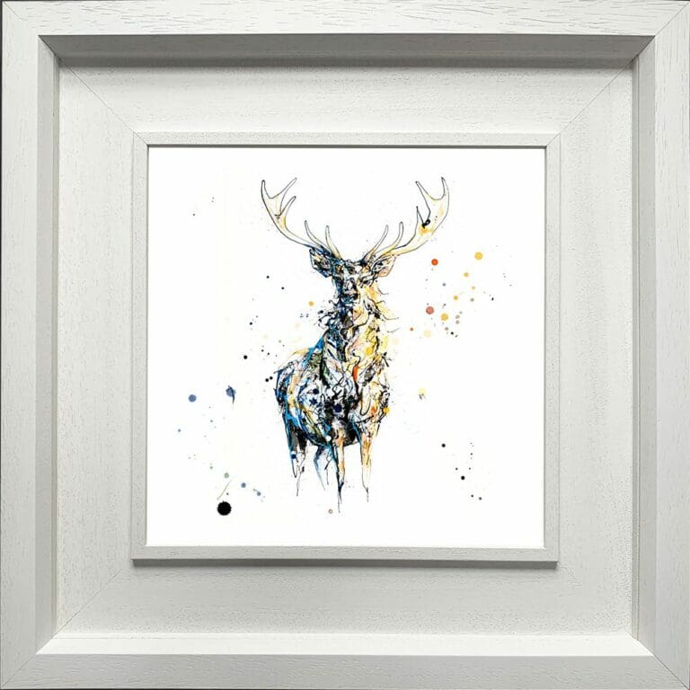 Nightfall Stag Paper Fine Art Giclee Print shown in Deluxe White Frame