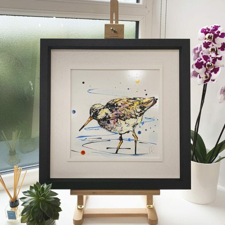 Alder Original Redshank Painting in Deluxe Black Frame by Northern Ireland artist Kathryn Callaghan