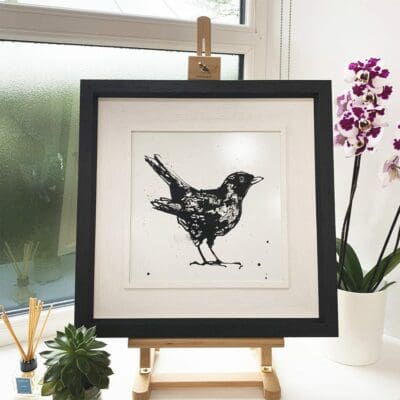 Blackberry Original Blackbird Painting in Deluxe Black Frame by Northern Ireland artist Kathryn Callaghan