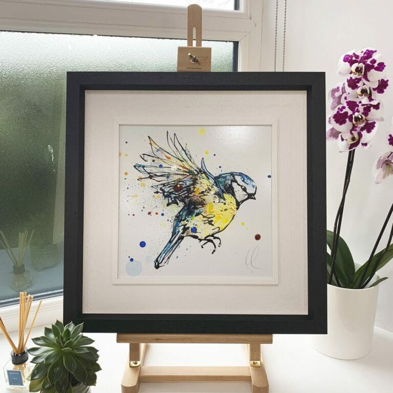 Bluebell Original Blue Tit Painting in Deluxe Black Frame by Northern Ireland artist Kathryn Callaghan