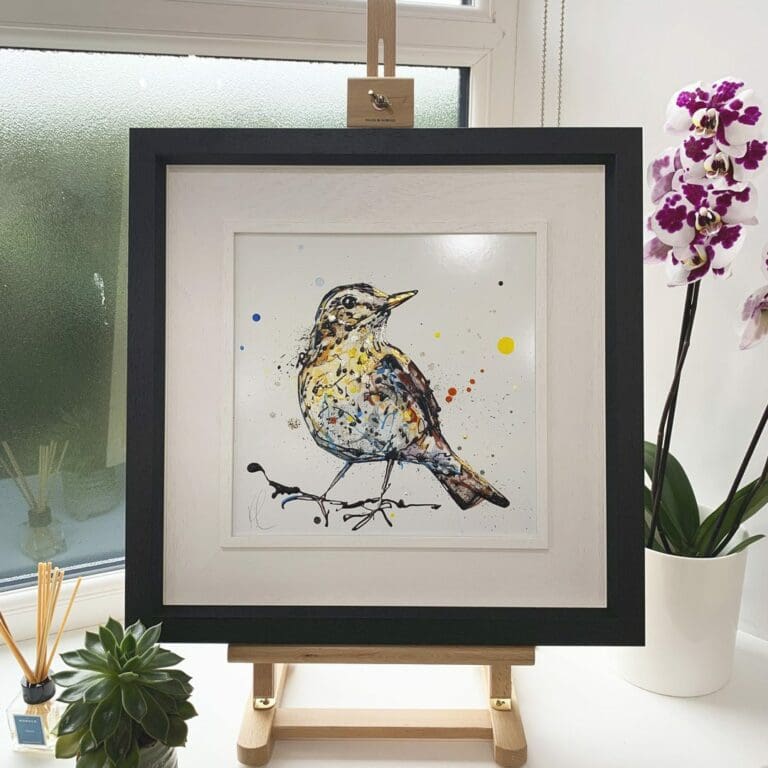 Bracken Original Song Thrush Painting in Deluxe Black Frame by Northern Ireland artist Kathryn Callaghan