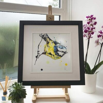 Buttercup Original Blue Tit Painting in Deluxe Black Frame by Northern Ireland artist Kathryn Callaghan