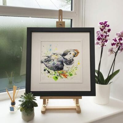 Cliff Original Puffin Painting in Deluxe Black Frame by Northern Ireland artist Kathryn Callaghan