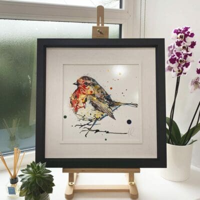 Evergreen Original Robin Painting in Deluxe Black Frame by Northern Ireland artist Kathryn Callaghan