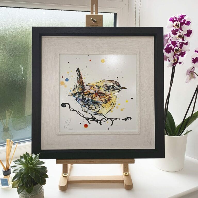 Hawthorn Original Wren Painting in Deluxe Black Frame by Northern Ireland artist Kathryn Callaghan