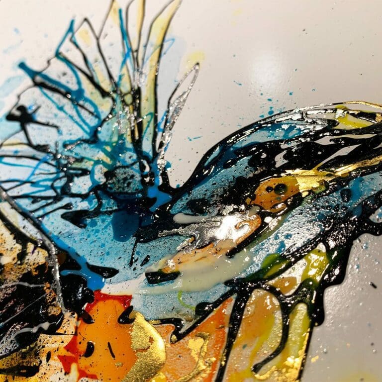 Detail of Textured Surface and Gold and Silver Leaf on Hazel Kingfisher Miniature Original painting by Northern Ireland artist Kathryn Callaghan