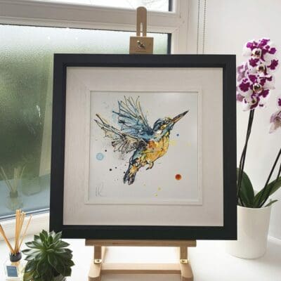 Hazel Original Kingfisher Painting in Deluxe Black Frame by Northern Ireland artist Kathryn Callaghan