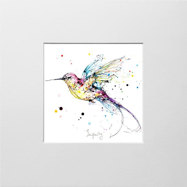 A digital mockup showing how a miniature print of Infinity by Kathryn Callaghan will look presented in a 23cm mount. The print features a pink, yellow and blue hummingbird flying from right to left.