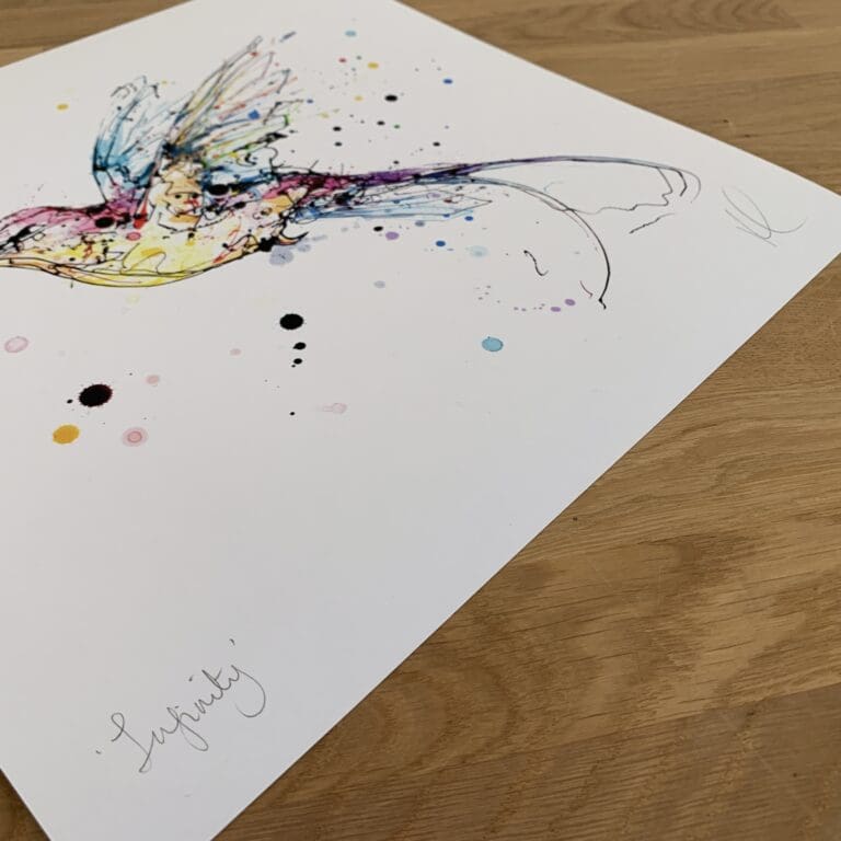 Photograph of Infinity by Kathryn Callaghan, which shows the print's title handwritten in the bottom left corner and the artist's signature in the bottom right, with space between to add a custom personalisation.