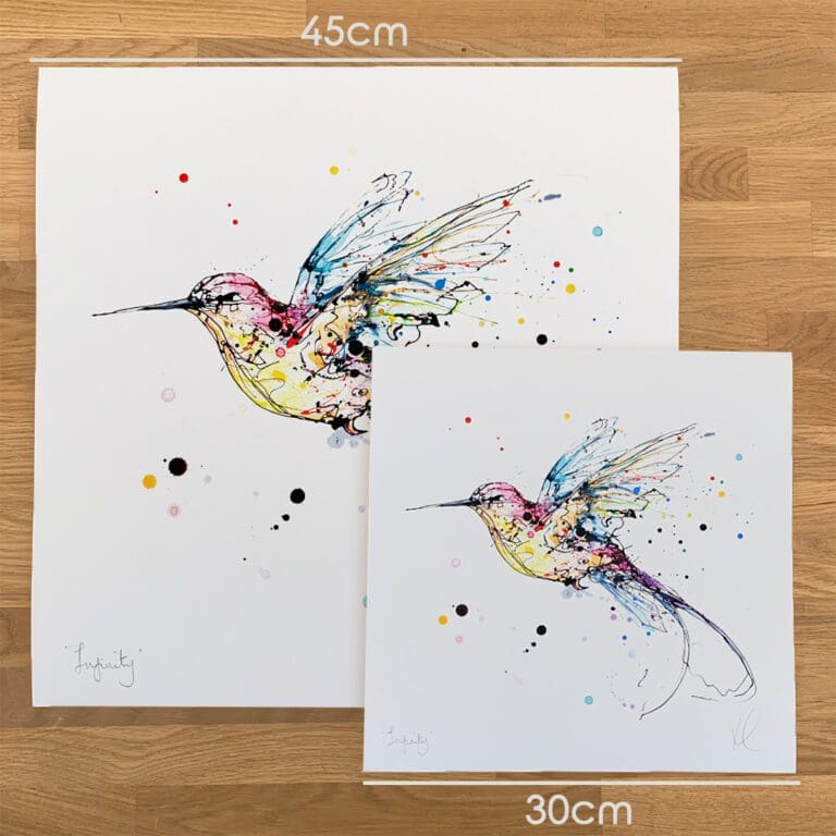 Two prints of Infinity, a hummingbird print by Kathryn Callaghan, to show the size difference between the 45cm print and the 30cm print.