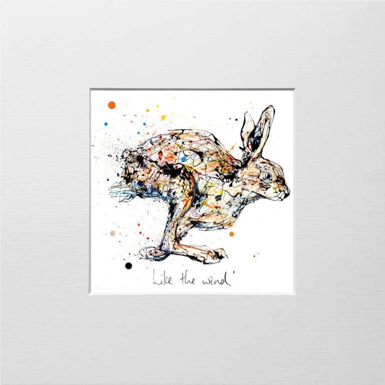 A digital mockup showing how a miniature print of Like the Wind by Kathryn Callaghan will look presented in a 23cm mount. The print features features a hare running from left to right.