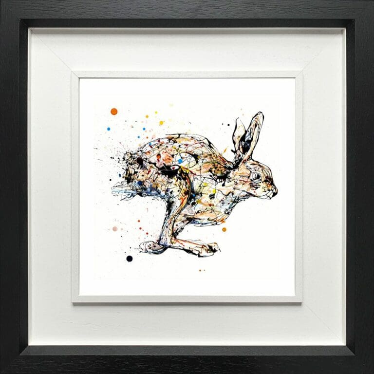 Like The Wind Running Hare Paper Giclee Fine Art Print shown in Deluxe Black Frame