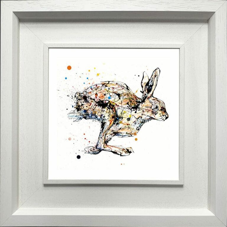 Like The Wind Running Hare Paper Giclee Fine Art Print shown in Deluxe White Frame