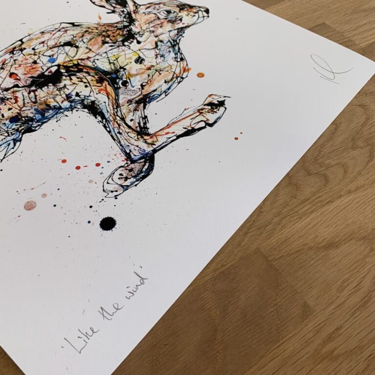 Photograph of Like the Wind by Kathryn Callaghan, which shows the print's title handwritten in the bottom left corner and the artist's signature in the bottom right, with space between to add a custom personalisation.