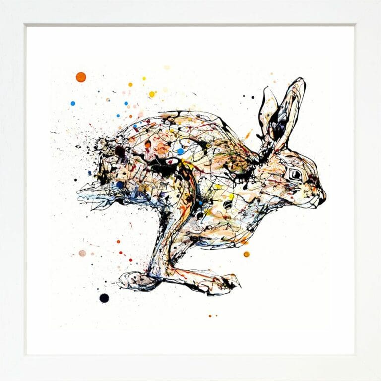 Like The Wind Running Hare Paper Giclee Fine Art Print shown in Standard White Frame