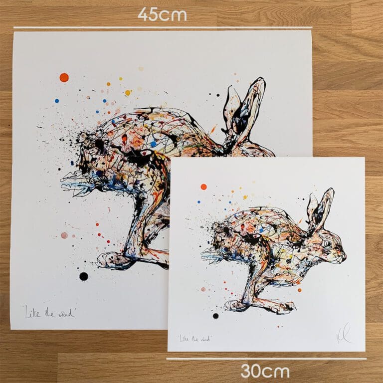 Two prints of Like the Wind, a hare print by Kathryn Callaghan, to show the size difference between the 45cm print and the 30cm print.