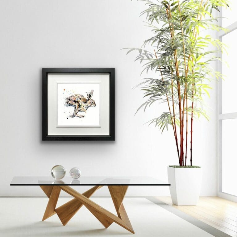 Like The Wind Running Hare Paper Giclee Fine Art Print shown in Deluxe Black Frame in Situ