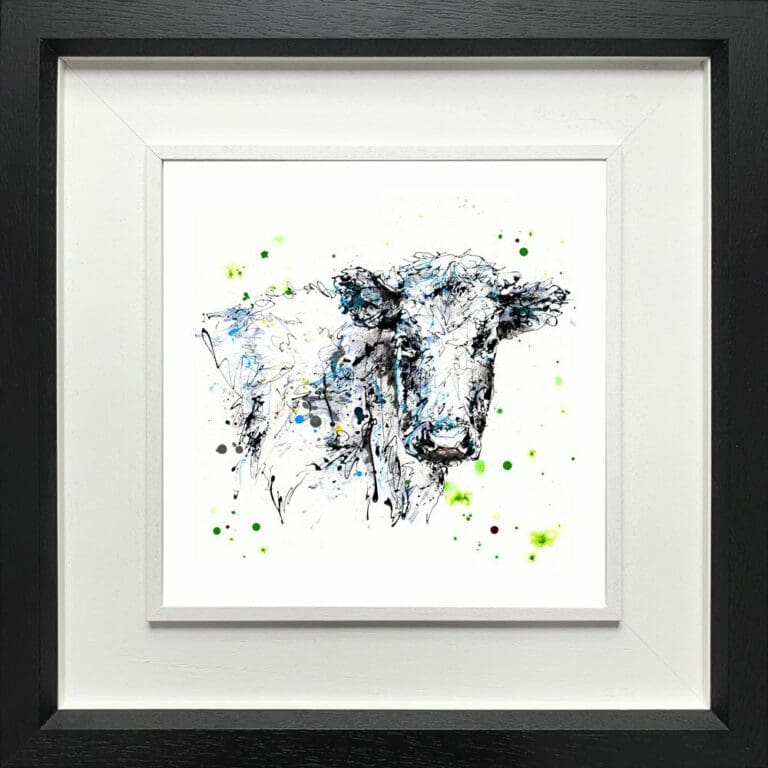 Pastures New Fresian Cow Paper Giclee Fine Art Print shown in Deluxe Black Frame