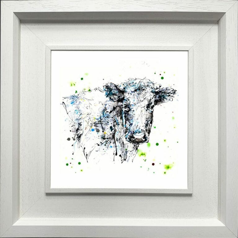 Pastures New Fresian Cow Paper Giclee Fine Art Print shown in Deluxe White Frame