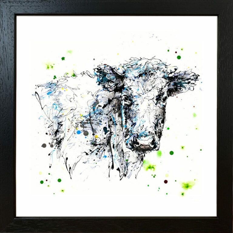 Pastures New Fresian Cow Paper Giclee Fine Art Print shown in Standard Black Frame