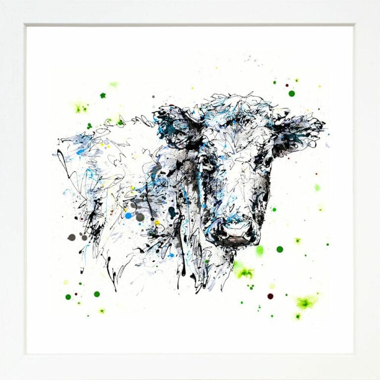 Pastures New Fresian Cow Paper Giclee Fine Art Print shown in Standard White Frame