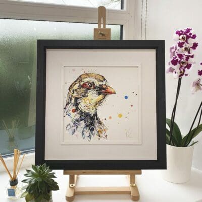 Pear Tree Original Partridge Painting in Deluxe Black Frame by Northern Ireland artist Kathryn Callaghan