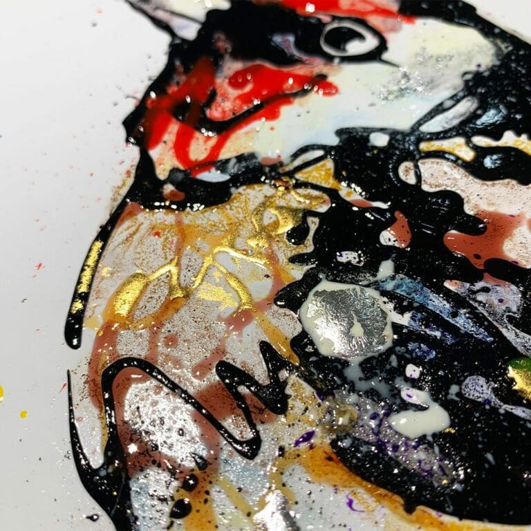 Detail of Texture Surface and Gold Leaf on Miniature Original Painting Rosehip Goldfinch