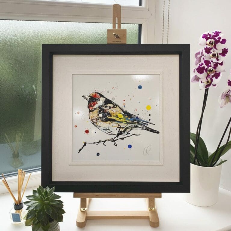 Rosehip Original Goldfinch Painting in Deluxe Black Frame by Northern Ireland artist Kathryn Callaghan