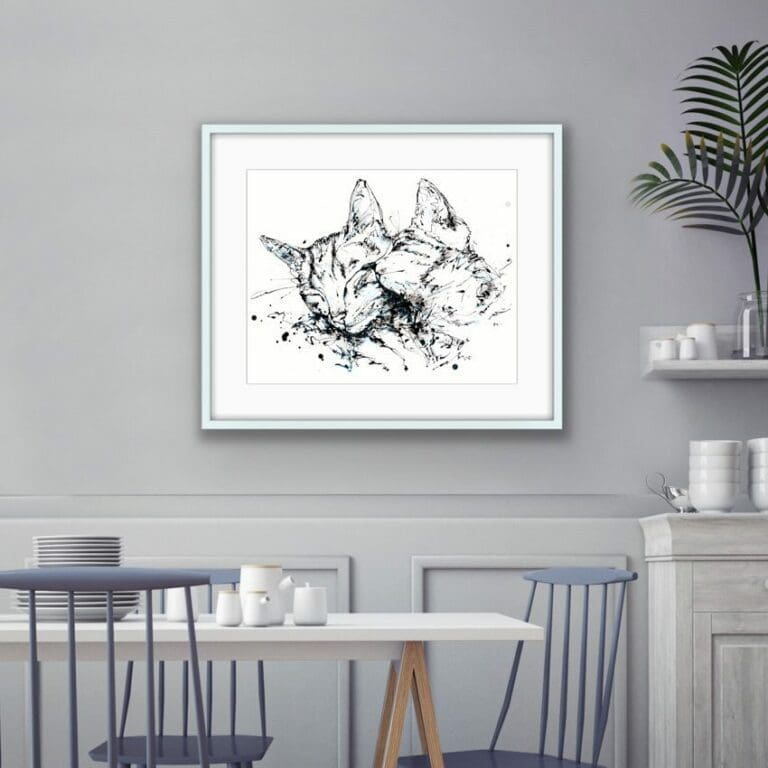 Affection Limited Edition Cat and Kitten Print shown in pale blue frame in situ in a kitchen