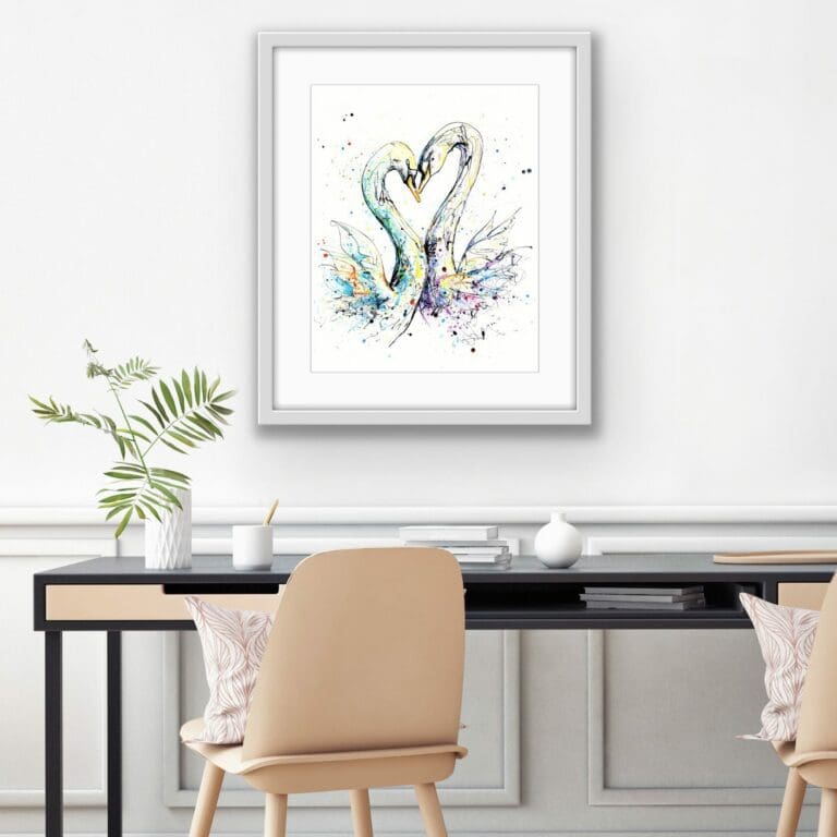 Limited Edition Swan Print Embrace shown mounted in white frame in situ