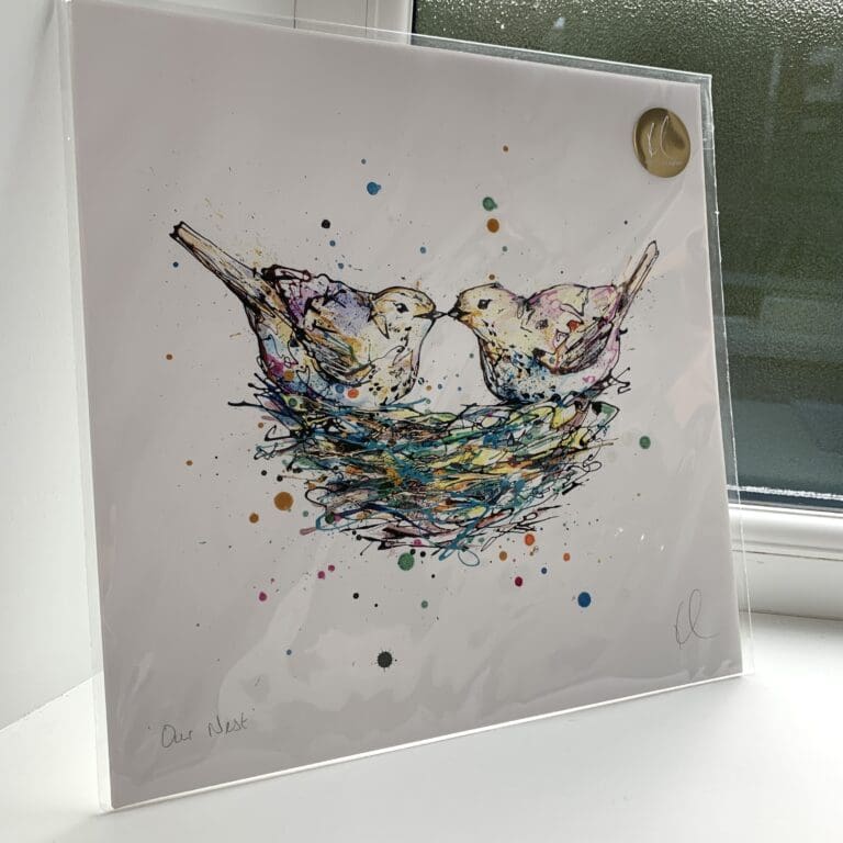 A print of Our Nest by Kathryn Callaghan, which features a pair of pinkish thrushes in their colourful nest. The 30cm print is presented flat in a clear cello bag with a golden KC sticker in the top right.