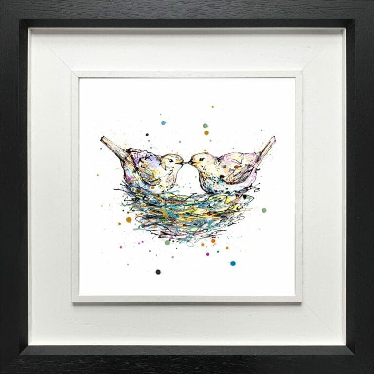 Our Nest Two Birds Paper Giclee Fine Art Print shown in Deluxe Black Frame