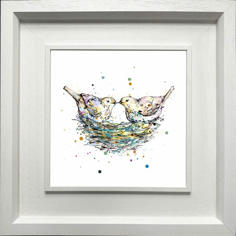 Our Nest Two Birds Paper Giclee Fine Art Print shown in Deluxe White Frame