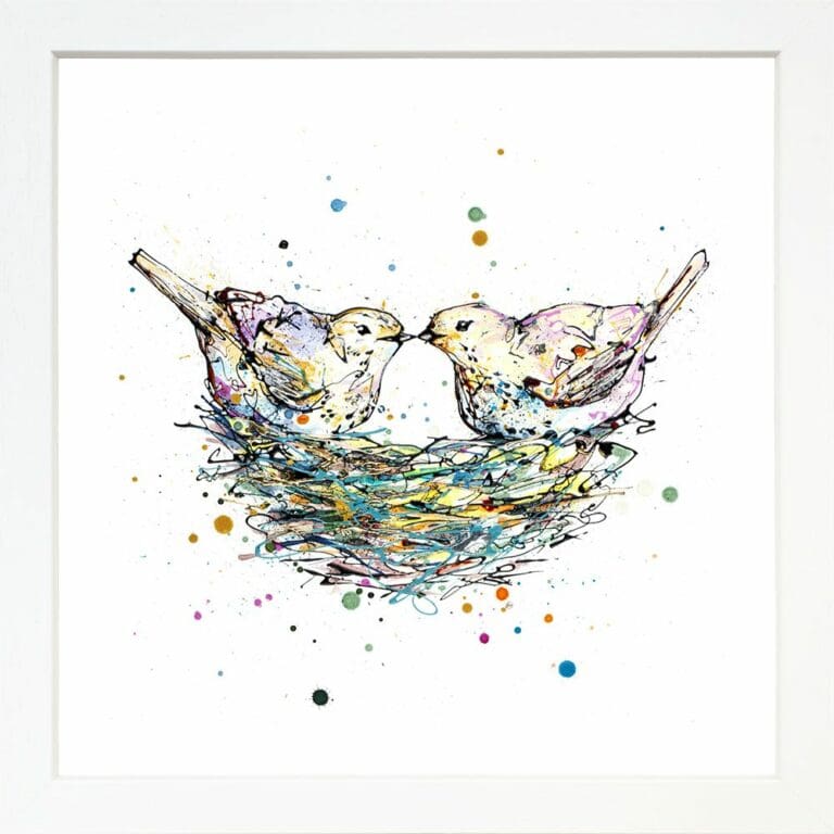 Our Nest Two Birds Paper Giclee Fine Art Print shown in Standard White Frame