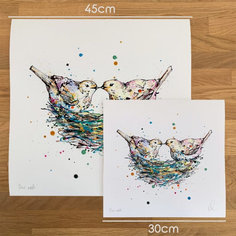 Two prints of Our Nest, a print by Kathryn Callaghan, to show the size difference between the 45cm print and the 30cm print.