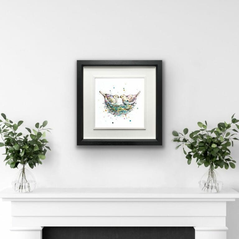 Our Nest Two Birds Valentine Print shown in Deluxe Black Frame in Situ