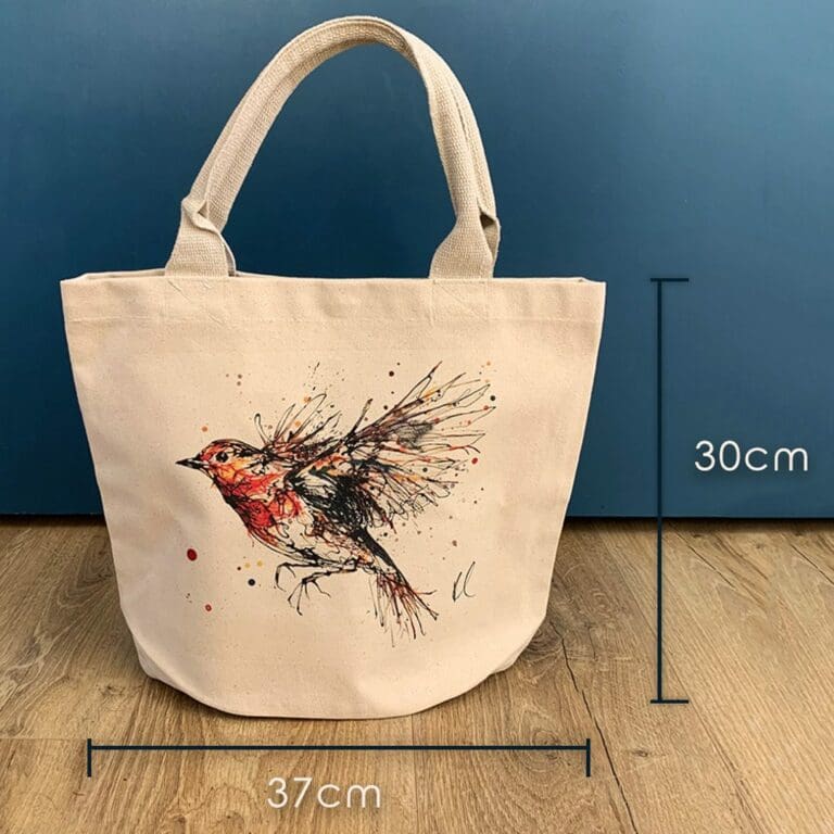 Dimensions of new Canvas Bucket Tote Bag featuring Airborne robin print