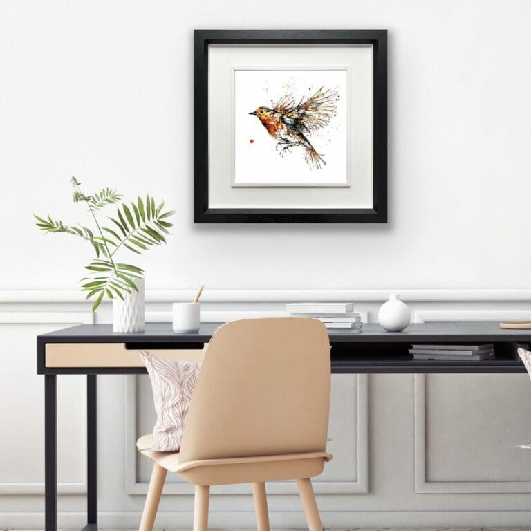 Airborne Robin Print shown in Deluxe Black Frame in Situ