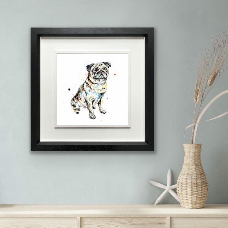 Anticipation Paper Pug Print shown in Deluxe Black Frame in Situ above Sideboard