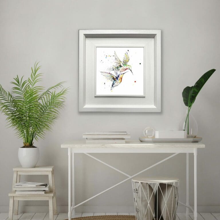 Circling Hummingbird Print shown in Deluxe White Frame in Situ