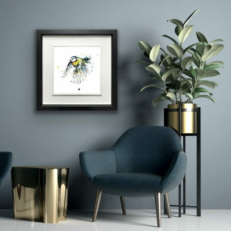 Coat of Colour Blue Tit Print shown in Deluxe Black Frame in Situ