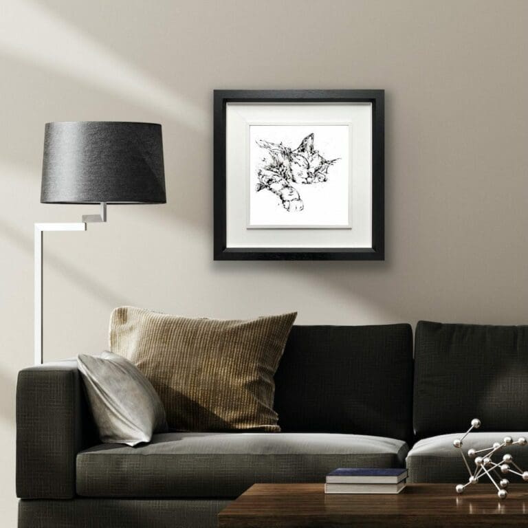 Dreamer Cat Print shown in Deluxe Black Frame in Situ