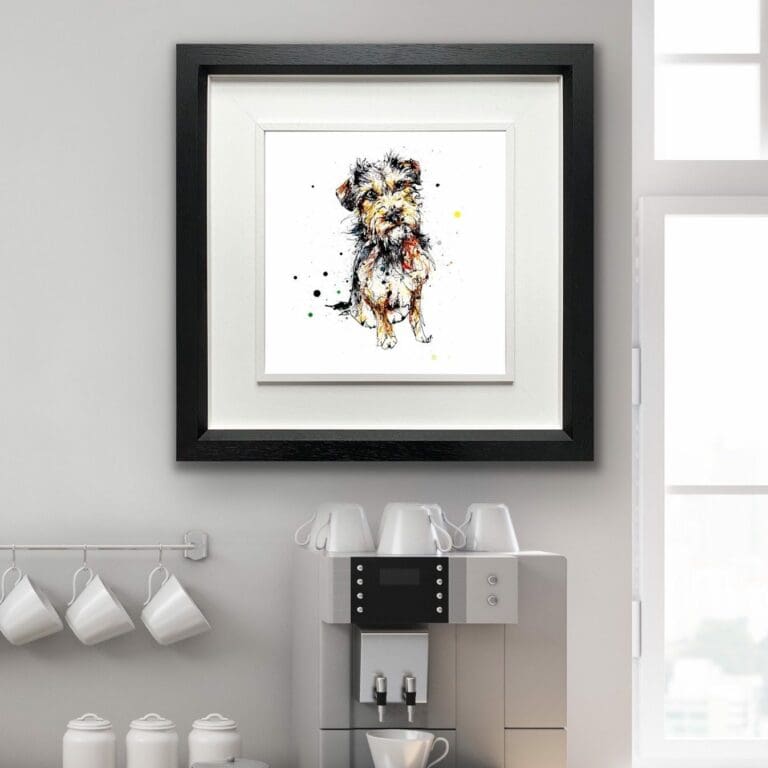 Expectation Paper Border Terrier Print shown in Deluxe Black Frame in Situ